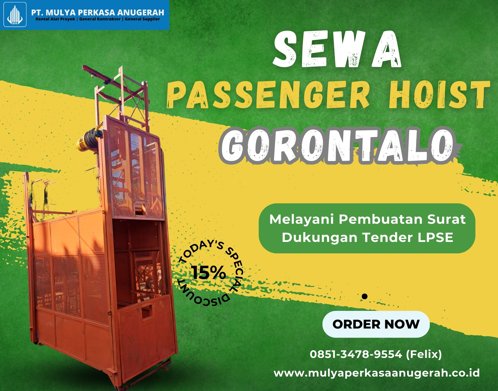 Sewa Passenger Hoist Gorontalo | Lift Orang | 0851 3478 9554